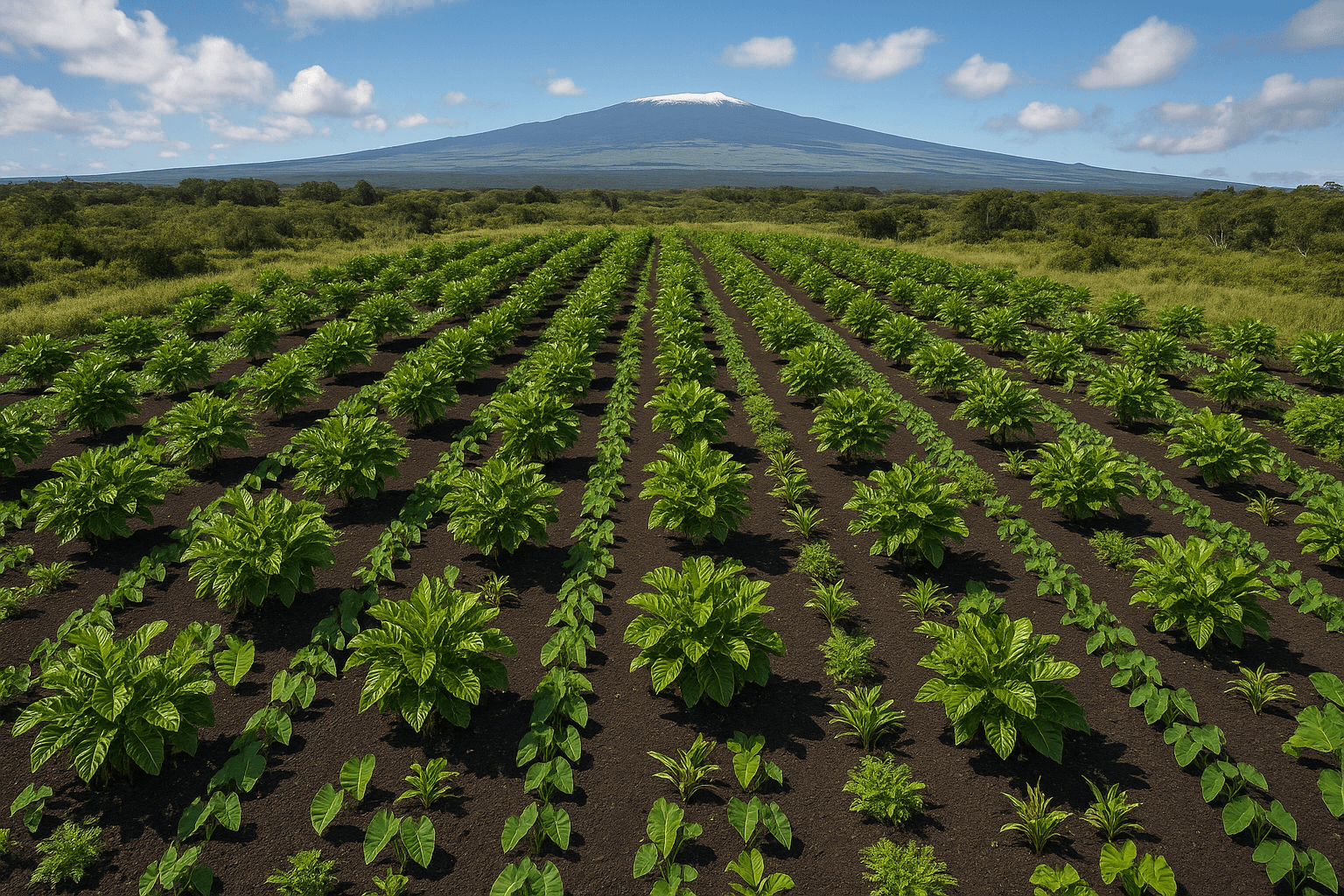 Overhead view of regenerative Noni farm with Mauna Kea in background