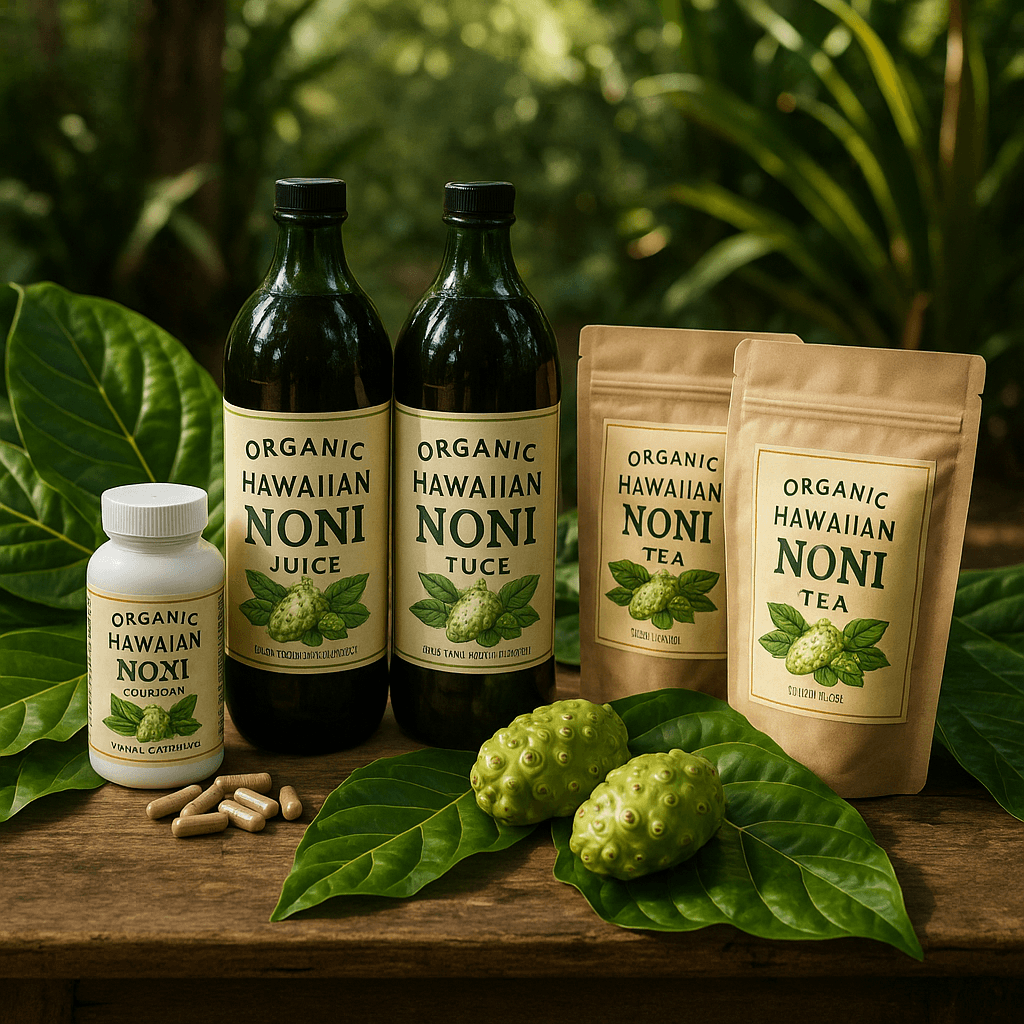 Organic Hawaiian Noni products on rustic wooden table